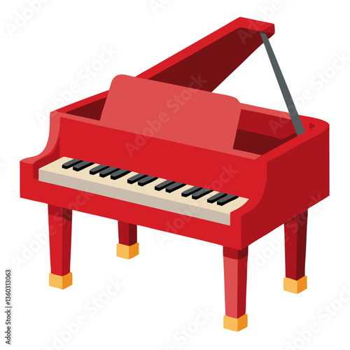 a red grand piano isolated on a solid background, showcasing its elegant design and musical potential. The piano has a glossy red finish, with detailed keys and structure.