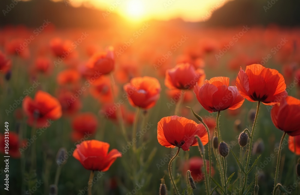 Fototapeta premium Vibrant poppy meadow under warm summer sunset. Blossoming red flowers in a field at dusk. Golden hour sunlight illuminates poppy blooms. Beautiful nature scenery ideal for backgrounds, cards.
