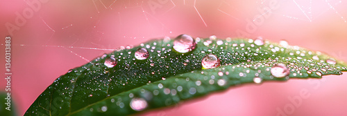 a close-up shot of a spider web with dew drops on a green leaf against a s
