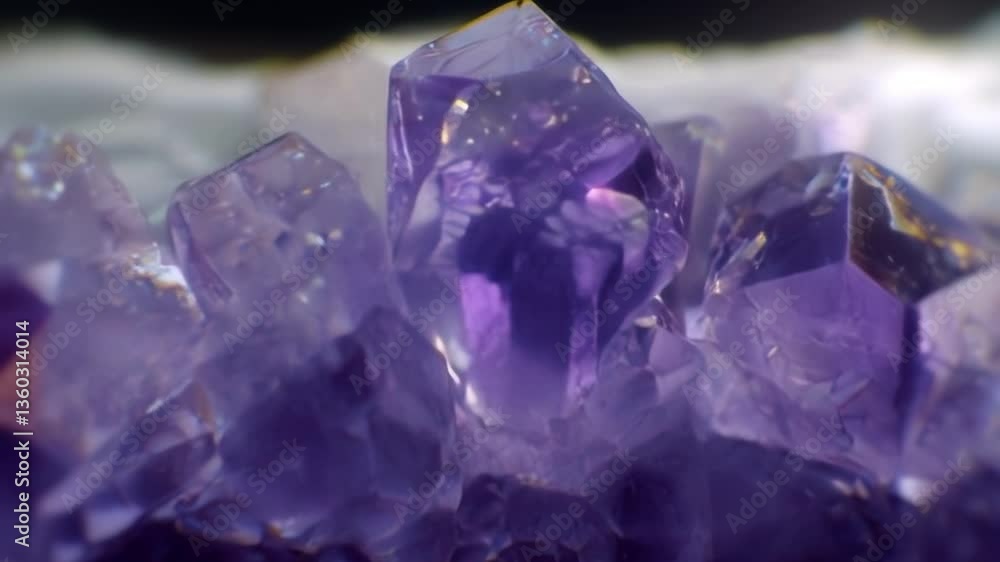Luxurious animation of amethyst crystal against a dark background. Smooth camera movement and light play highlight the purple facets and textural uniqueness Luxurious animation of amethyst crystal against a dark background. Smooth camera movement and light play highlight the purple facets and textural uniqueness