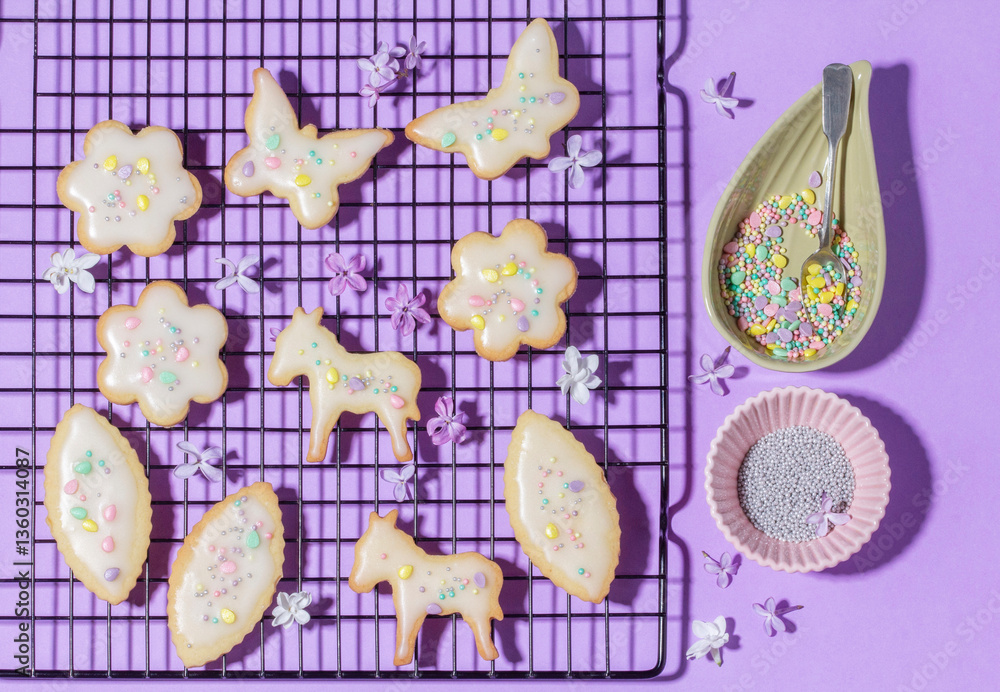 Easter composition of shortbread cookies and colored sugar.