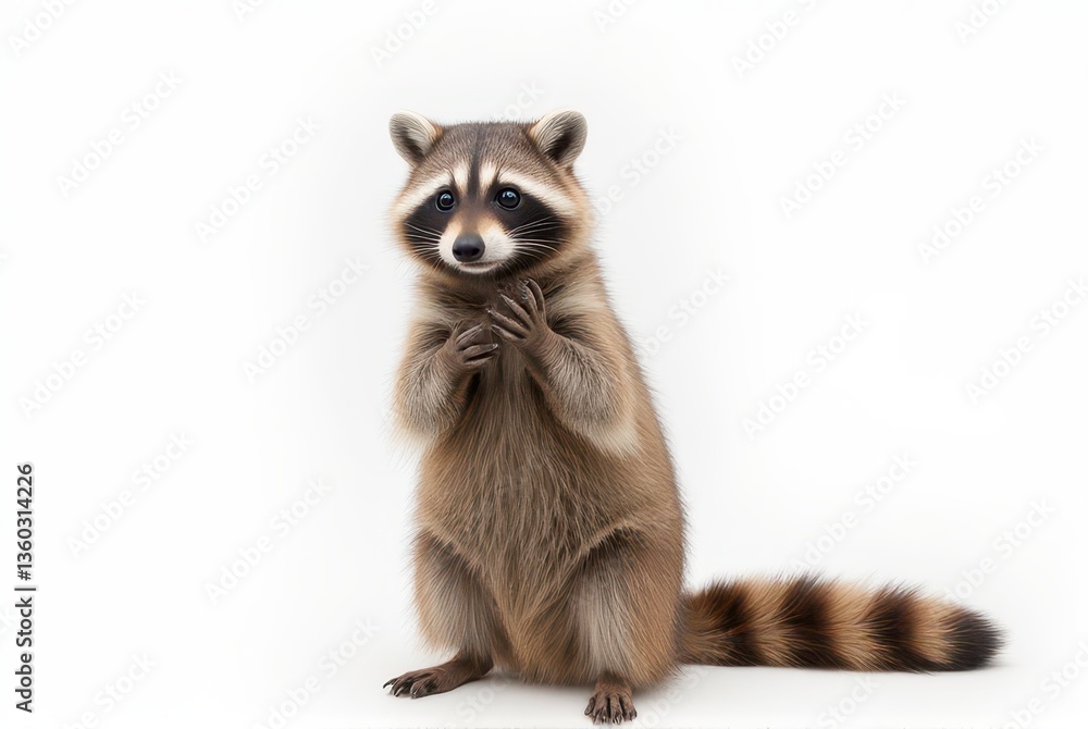 Obraz premium Adorable Raccoon Standing on Hind Legs Against White Background