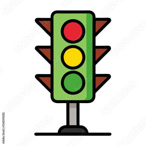 a stylized traffic light with red, yellow, and green lights, regulating road traffic. the image is a flat illustration with a clear and simple design