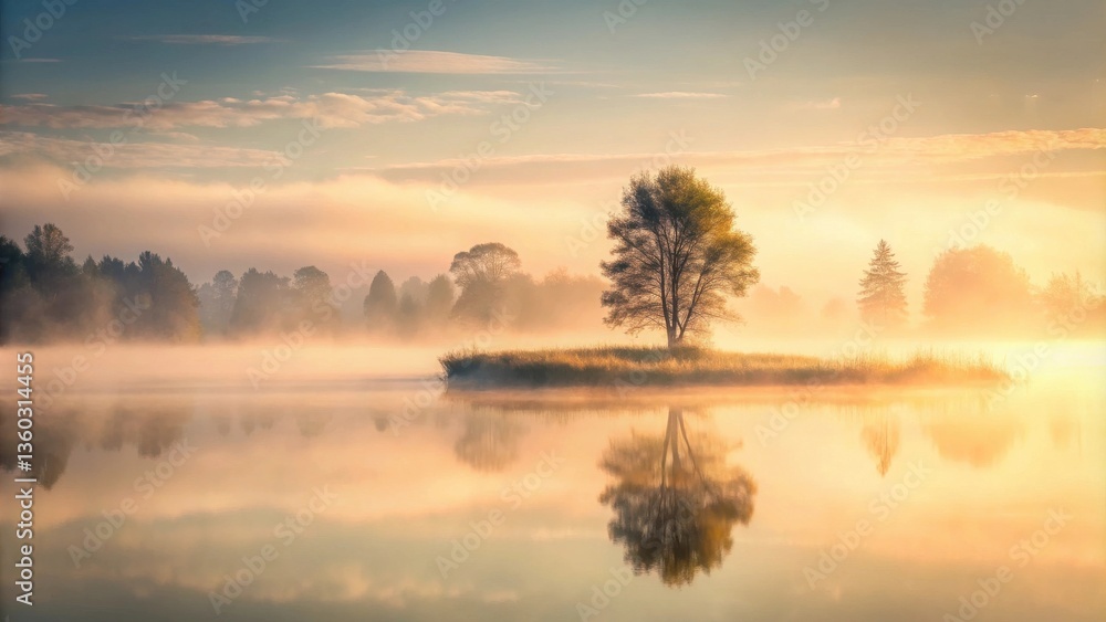 Serene Sunrise Misty Lake, Solitary Tree, Golden Light Reflecting on Calm Waters Serene Sunrise Misty Lake, Solitary Tree, Golden Light Reflecting on Calm Waters