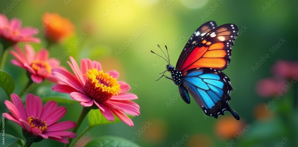 Fototapeta premium Colorful butterfly fluttering in a vibrant garden, garden, illustration