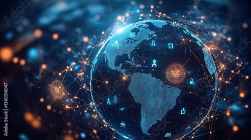 An Earth - centered tech image with blue lights and various icons, illustrating the global digital ecosystem and the multifaceted role of technology in our world.