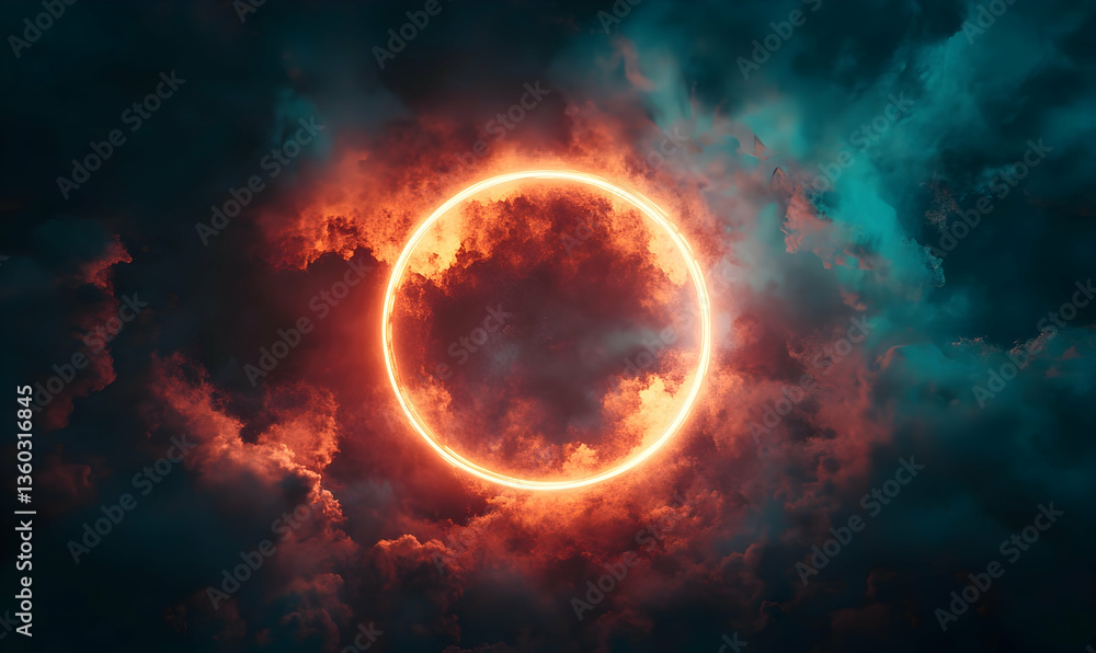 Obraz premium Stunning celestial phenomenon showcasing a glowing solar eclipse surrounded by dramatic clouds
