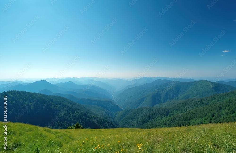 Obraz premium Picturesque mountain range views under clear blue sky. Green mountain slopes with trees, grass, valley, yellow flowers. Nature travel, hiking, adventure, eco tourism. Ideal for background, wallpaper.