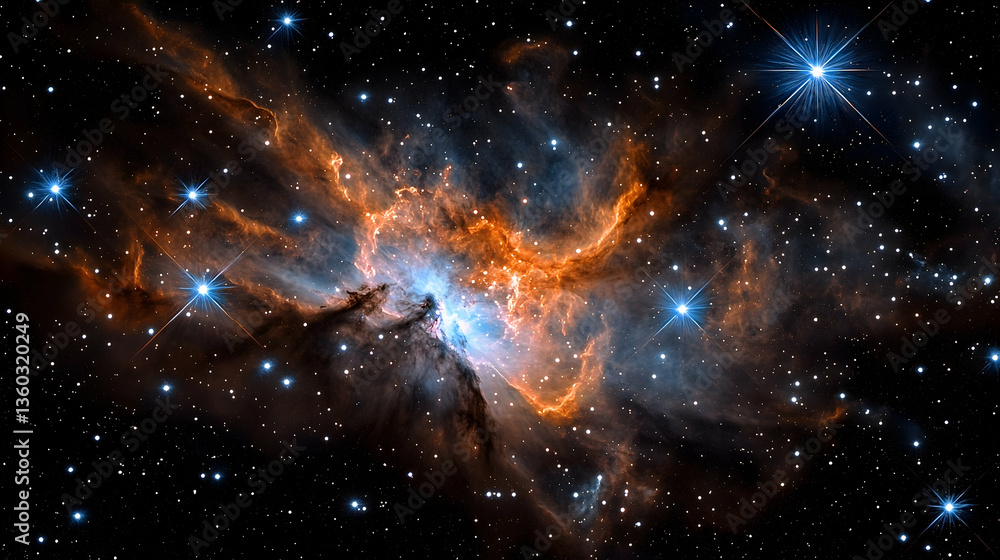 Stunning cosmic nebula with vibrant orange and blue hues, surrounded by twinkling stars in space