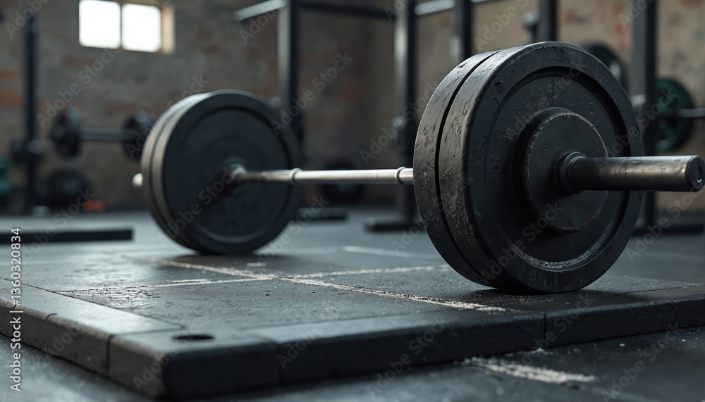 Naklejka premium Barbell on deadlift platform. Loaded weight plates, gym interior with chalk marks. Rugged scene for weightlifting, bodybuilding, powerlifting. Serious strength. Athlete exercising for physique,