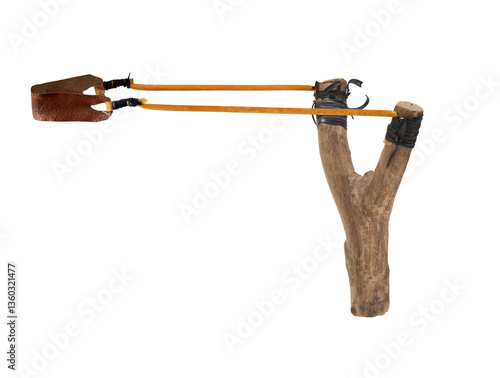 Fényképezés handmade wooden slingshot in rustic style on white background