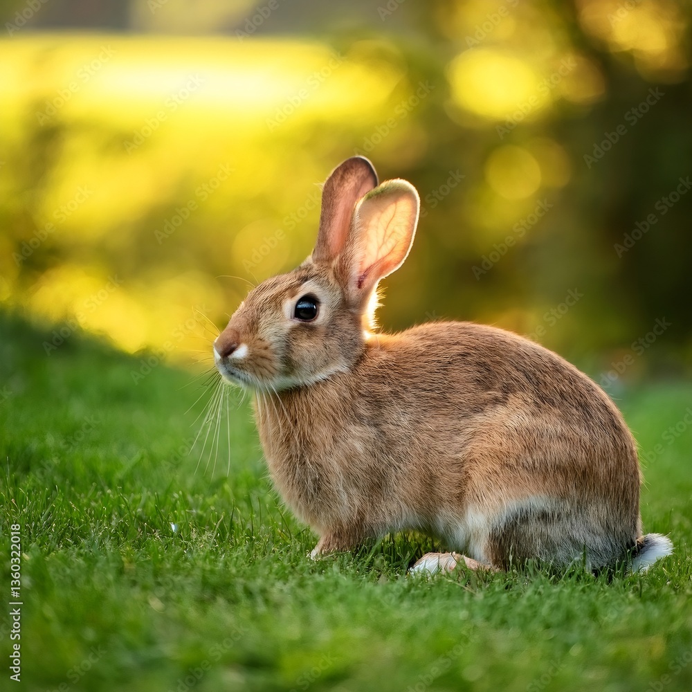Fototapeta premium Wild rabbit enjoying golden hour sunlight in green meadow