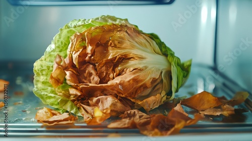 Lettuce wilting inside a refrigerator showing signs of spoilage and neglect over time