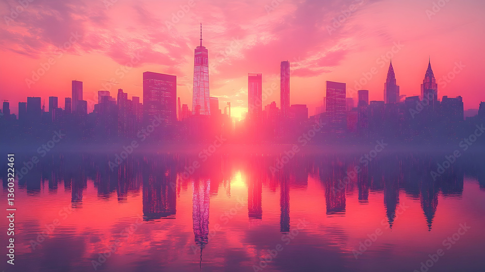 Fototapeta premium Stunning sunset over a city skyline with reflections on water, showcasing vibrant colors and calm atmosphere