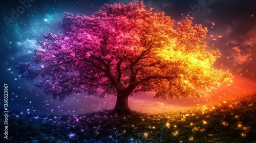 A vibrant, glowing tree in a magical, otherworldly landscape
