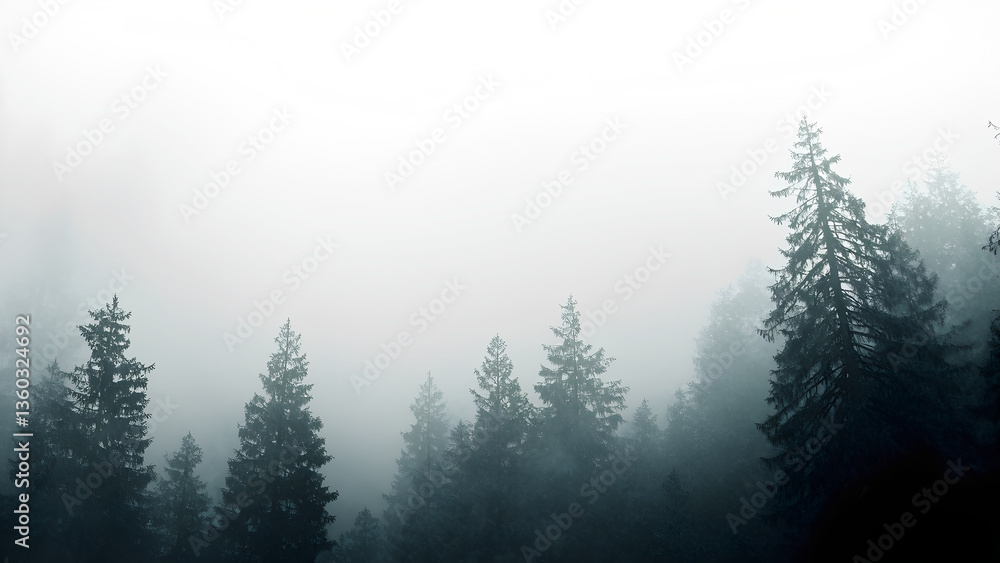 Obraz premium Misty landscape with fir forest in hipster vintage retro style
