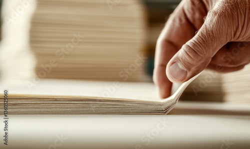 A hand is gently turning a page in a crisp, thick stack of pristine white paper.