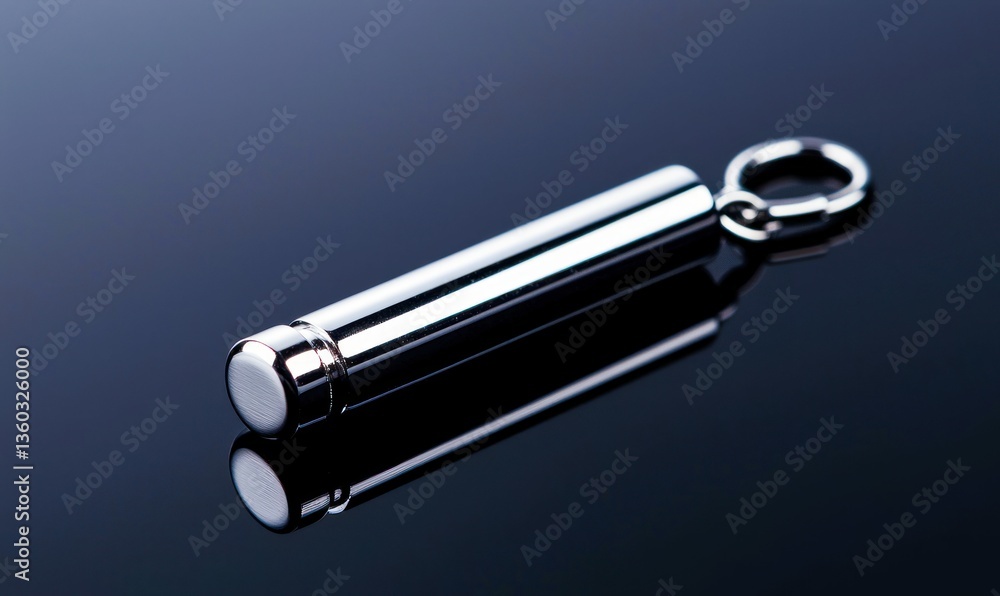 Isolated on a dark surface, a shiny metal cylinder case with keyring offers a sleek design. Isolated on a dark surface, a shiny metal cylinder case with keyring offers a sleek design.