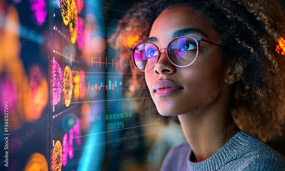Young woman with curly hair and glasses gazes thoughtfully at vibrant data visualizations in a tech environment Young woman with curly hair and glasses gazes thoughtfully at vibrant data visualizations in a tech environment