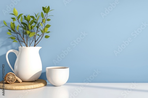 White Pitcher Green Plant and Cup on White Table Light Blue Wall