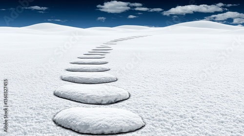 White Stones Pathway Across Snowy Landscape Under Blue Sky