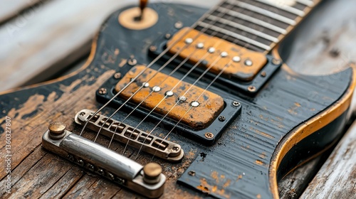 Worn Black and Gold Electric Guitar on Rustic Wood