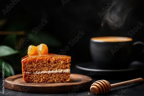 coffee and bakery concept. Espresso honey cake recipe, styled with a rustic table and a steaming espresso cup, Honey cake with espresso pairing, Warm and inviting