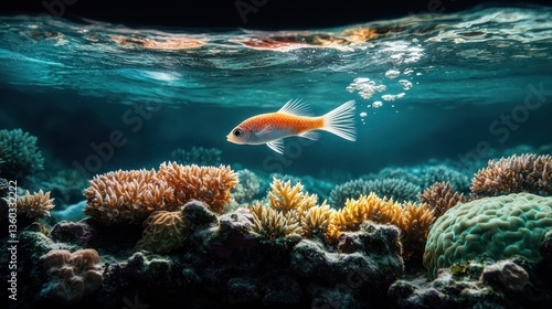 Vibrant coral reef scene, single fish
