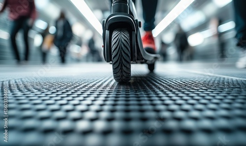 Riding an electric scooter on an escalator in a busy city center with blurred pedestrians.