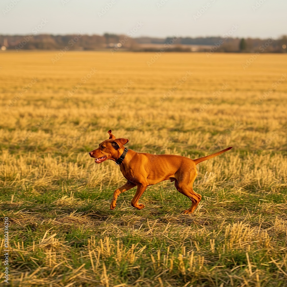 Energetic Vizsla Puppy Running Through an Open Field at Sunset – Athletic Hunting Dog in Motion Energetic Vizsla Puppy Running Through an Open Field at Sunset – Athletic Hunting Dog in Motion