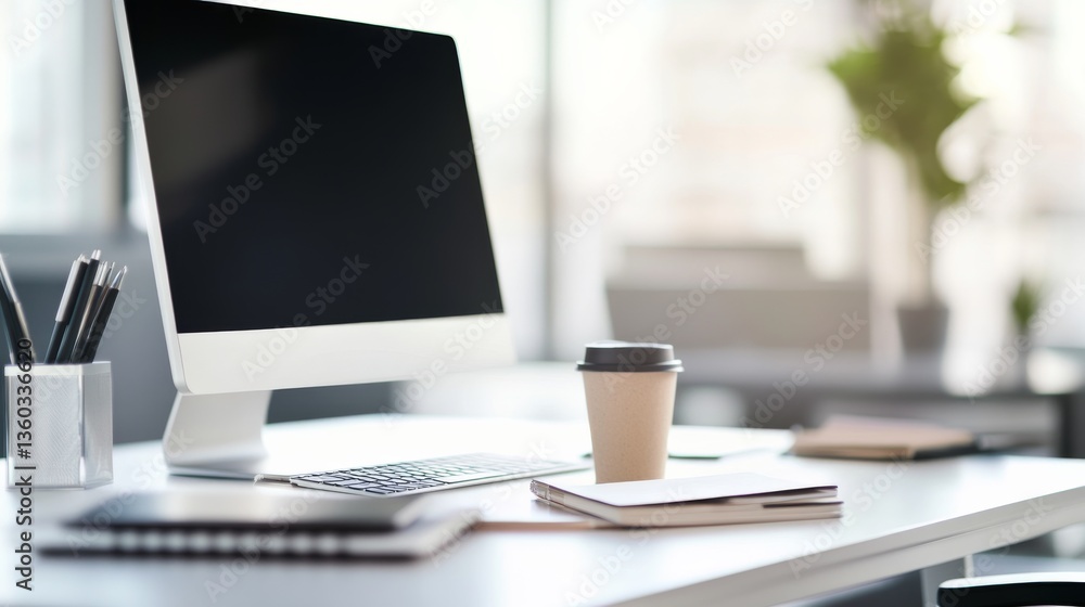 Mini computer on a tidy desk in a modern office space. Featuring compact design and efficient features Mini computer on a tidy desk in a modern office space. Featuring compact design and efficient features