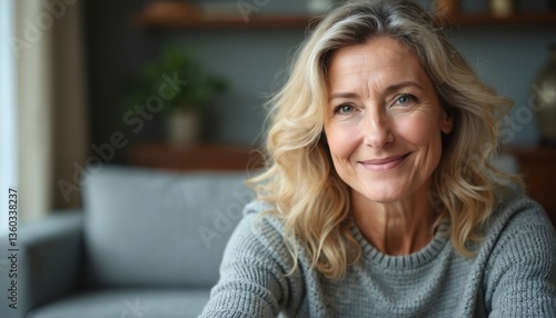 Charming senior woman smiling at home, gray sweater. Elderly blond female freelancer, working indoors. Happy businesswoman, enjoying life, looking at camera, feeling joy, cozy lifestyle. Free Download Charming senior woman smiling at home, gray sweater. Elderly blond female freelancer, working indoors. Happy businesswoman, enjoying life, looking at camera, feeling joy, cozy lifestyle. - GFXLoad