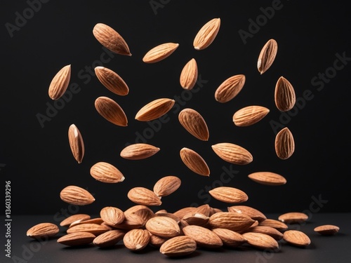 Group almonds falling down black background are different Flying cut out.