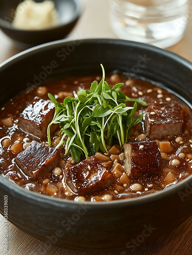 Savory stew with dark glazed meat cubes beans and a vibrant microgreen garnish in a dark bowl.