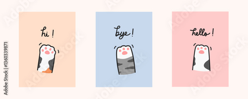 Cute doodle cartoon cat paw saying hello and bye card collection