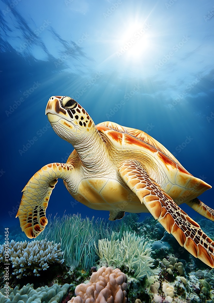 Obraz premium Sea Turtle Gracefully Swimming Coral Reef Sunlight
