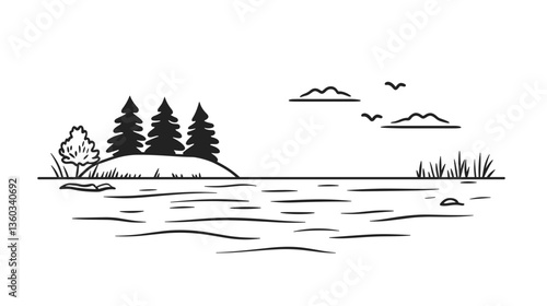 Tranquil lakeside scene with trees and clouds for nature and relaxation