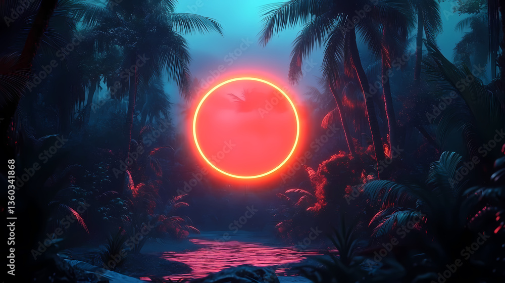 Red glowing sphere in tropical rainforest