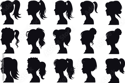 Profile Grid of Diverse Head Silhouettes Featuring Various Hairstyles on White Background