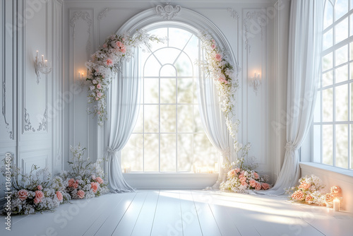 Maternity backdrop, wedding backdrop, photography background with delicate flowers, white courtains and bright window