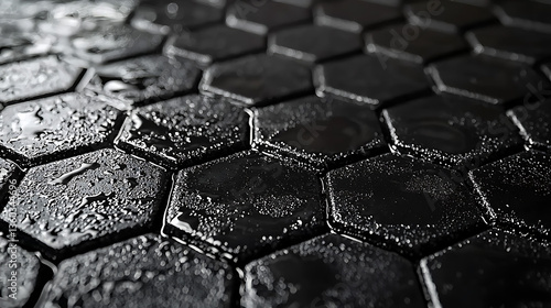 Close-up of wet hexagonal tiles with a dark glossy surface showing water droplets and textural detail.