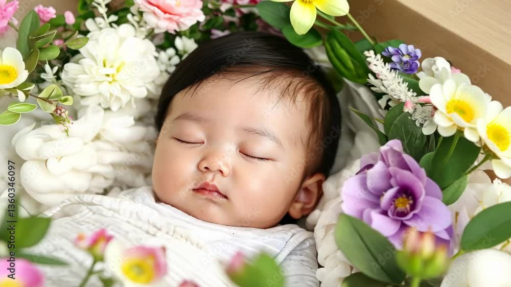 Sleeping asian infant surrounded by colorful flowers in a peaceful setting Sleeping asian infant surrounded by colorful flowers in a peaceful setting