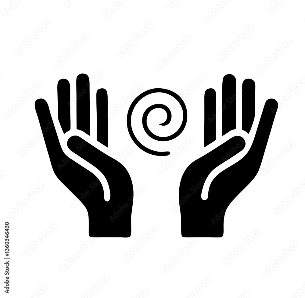 Reiki energy healing hands icon with a spiral symbol of energy Reiki energy healing hands icon with a spiral symbol of energy