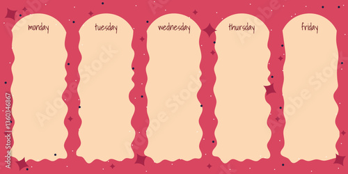 Weekly timetable planner with stars on pink background, template page, to do list, time management concept, organiser for papers, business