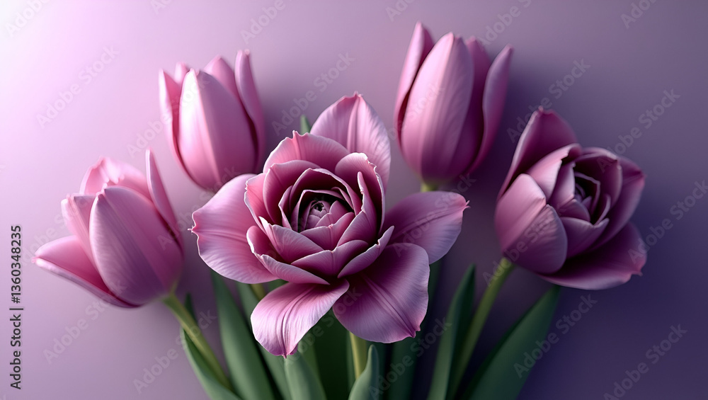 Fototapeta premium Elegant Purple Tulips & Roses on a Luxurious Purple Background – Stunning Floral Art
