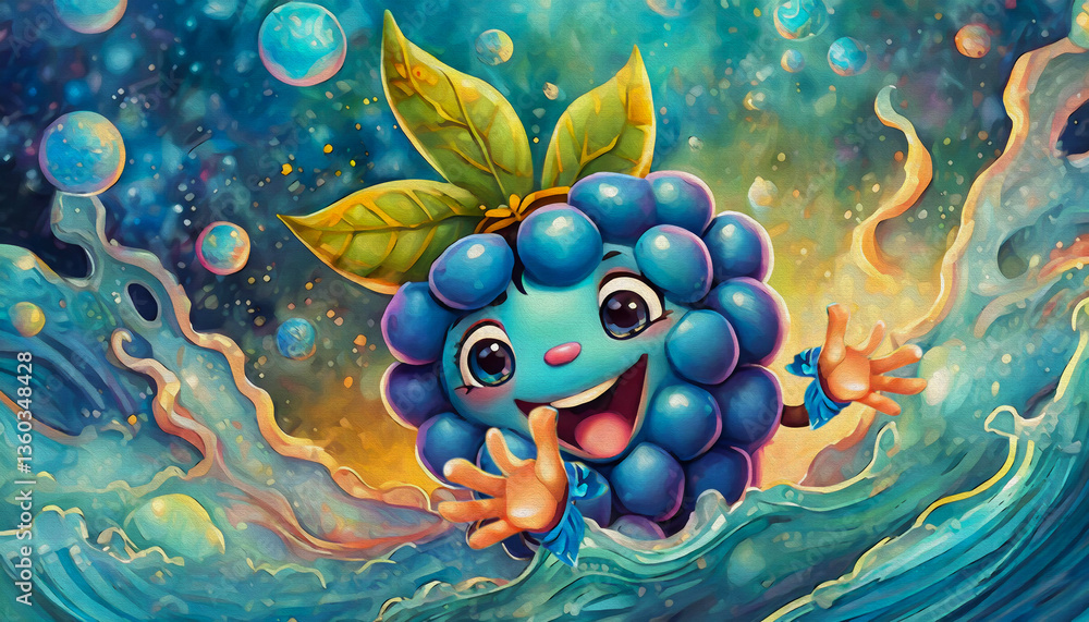 oil painting style cartoon character illustration blueberry in water splash oil painting style cartoon character illustration blueberry in water splash