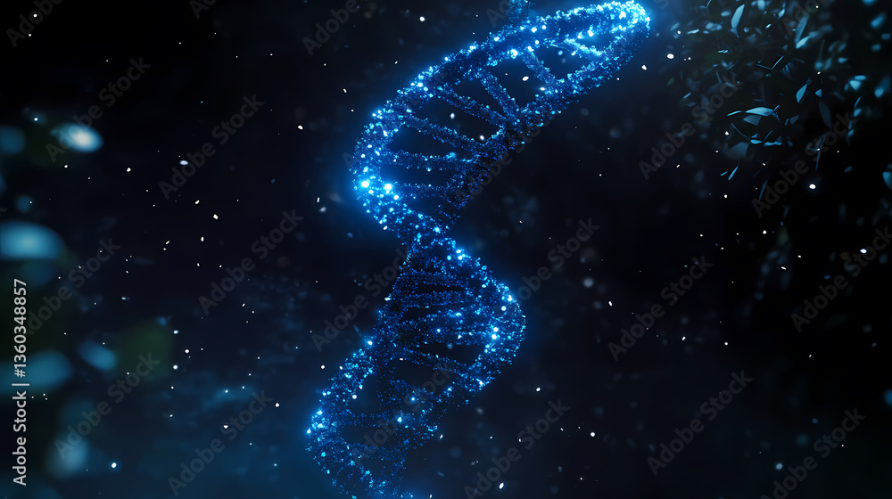 DNA double helix with glowing particles