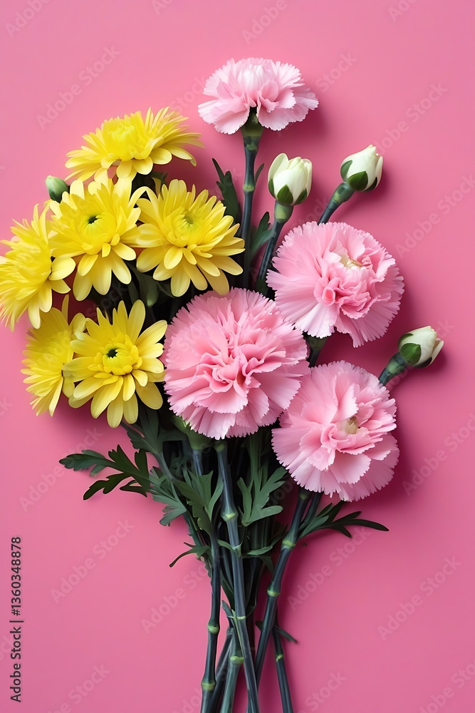 Obraz premium A fresh bouquet of various flowers arranged on a light pink background