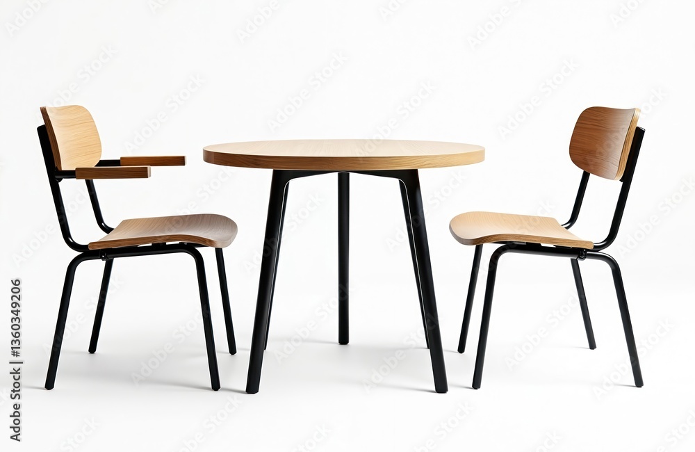 Obraz premium Modern wooden table with steel legs. Two chairs near round table. Contemporary furniture set for home, office. Simple design with light wooden elements, black metal. Interior decor.