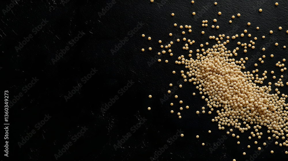 Obraz premium Amaranth grains arranged in a subtle, scattered pattern on a dark, smooth surface.